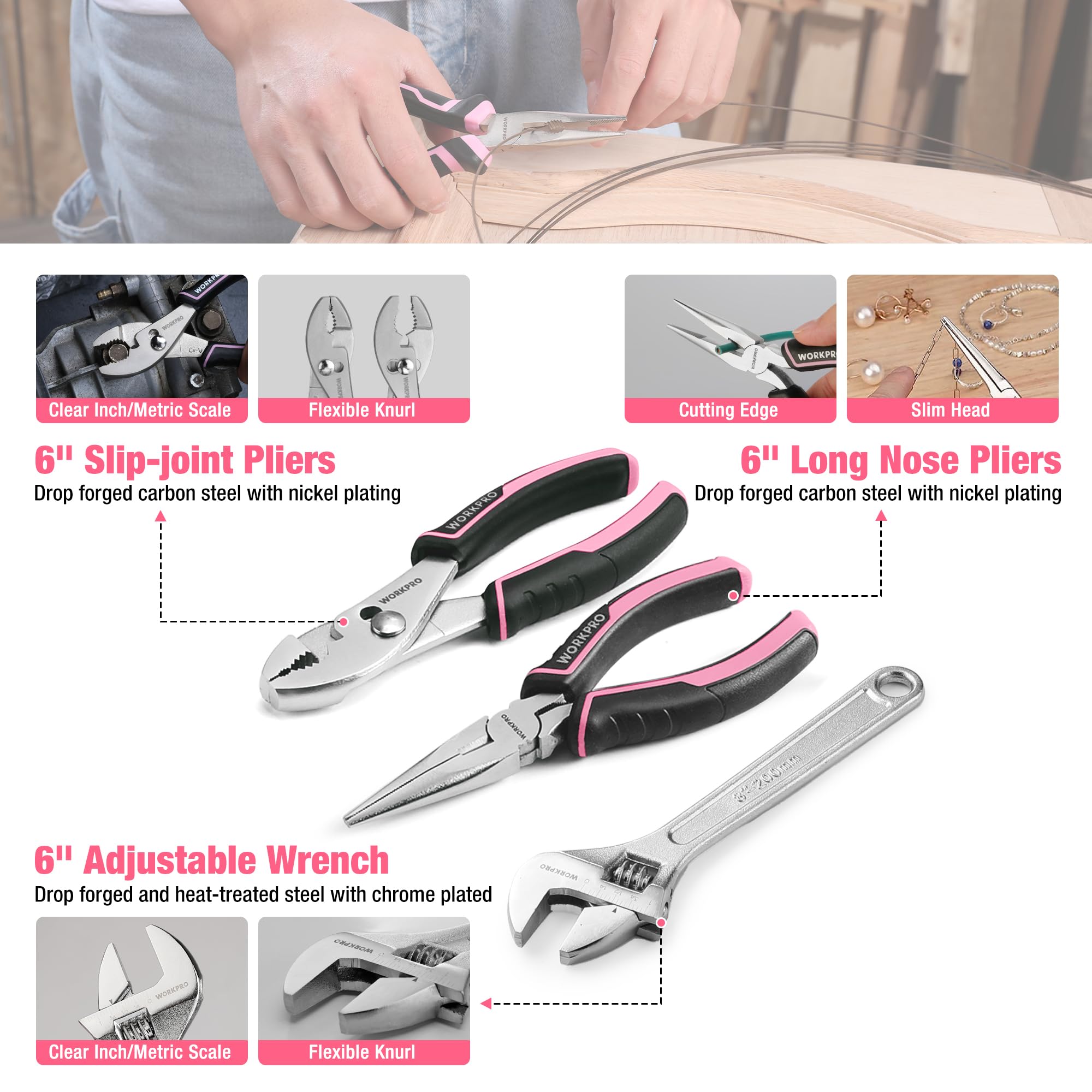 WORKPRO Pink Tool Set tape measure helps with precise layouts and measuring