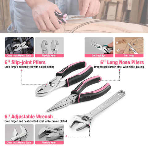 WORKPRO Pink Tool Set tape measure helps with precise layouts and measuring