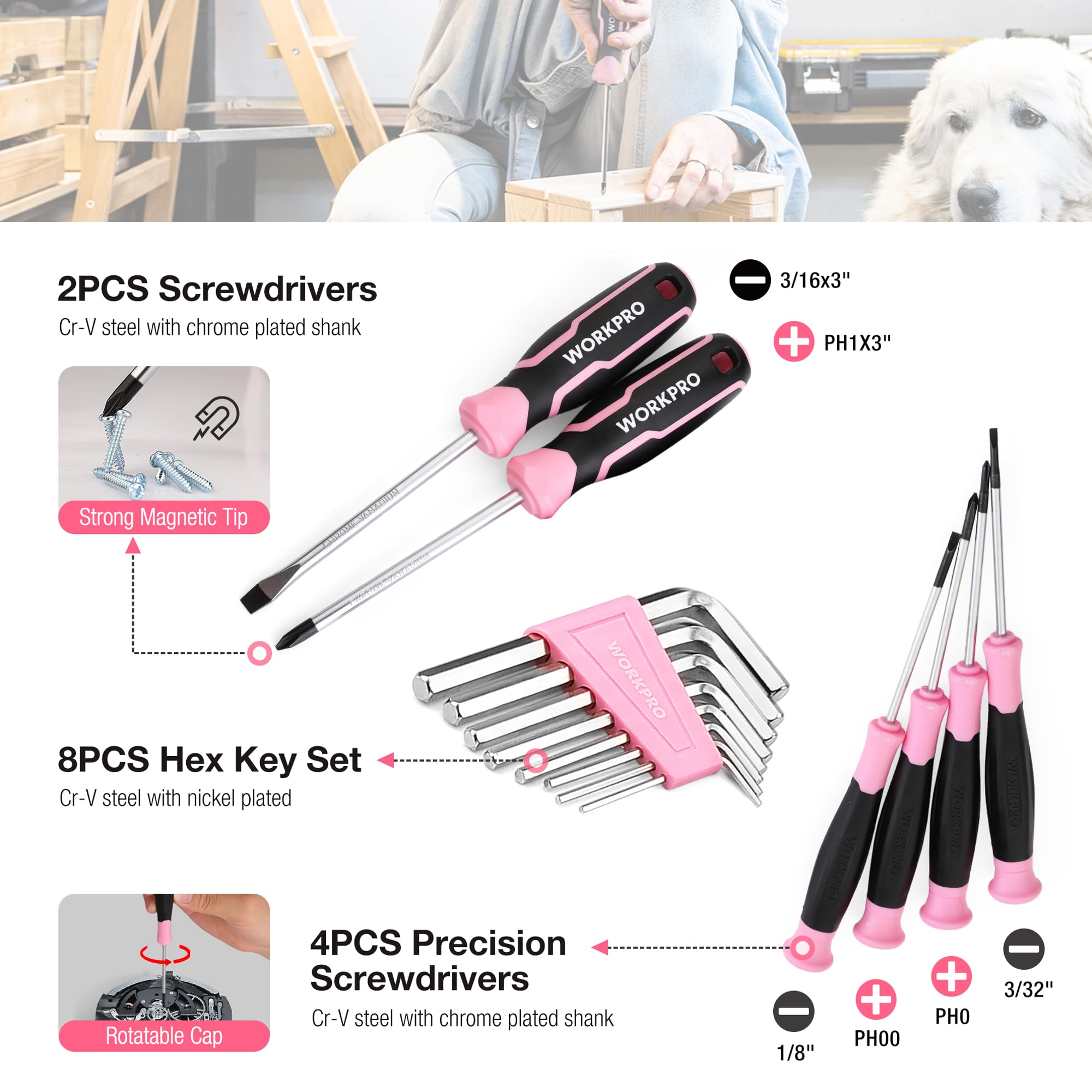 WORKPRO Pink Tool Set wrenches offer versatile tightening for furniture and fixtures