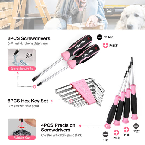 WORKPRO Pink Tool Set wrenches offer versatile tightening for furniture and fixtures