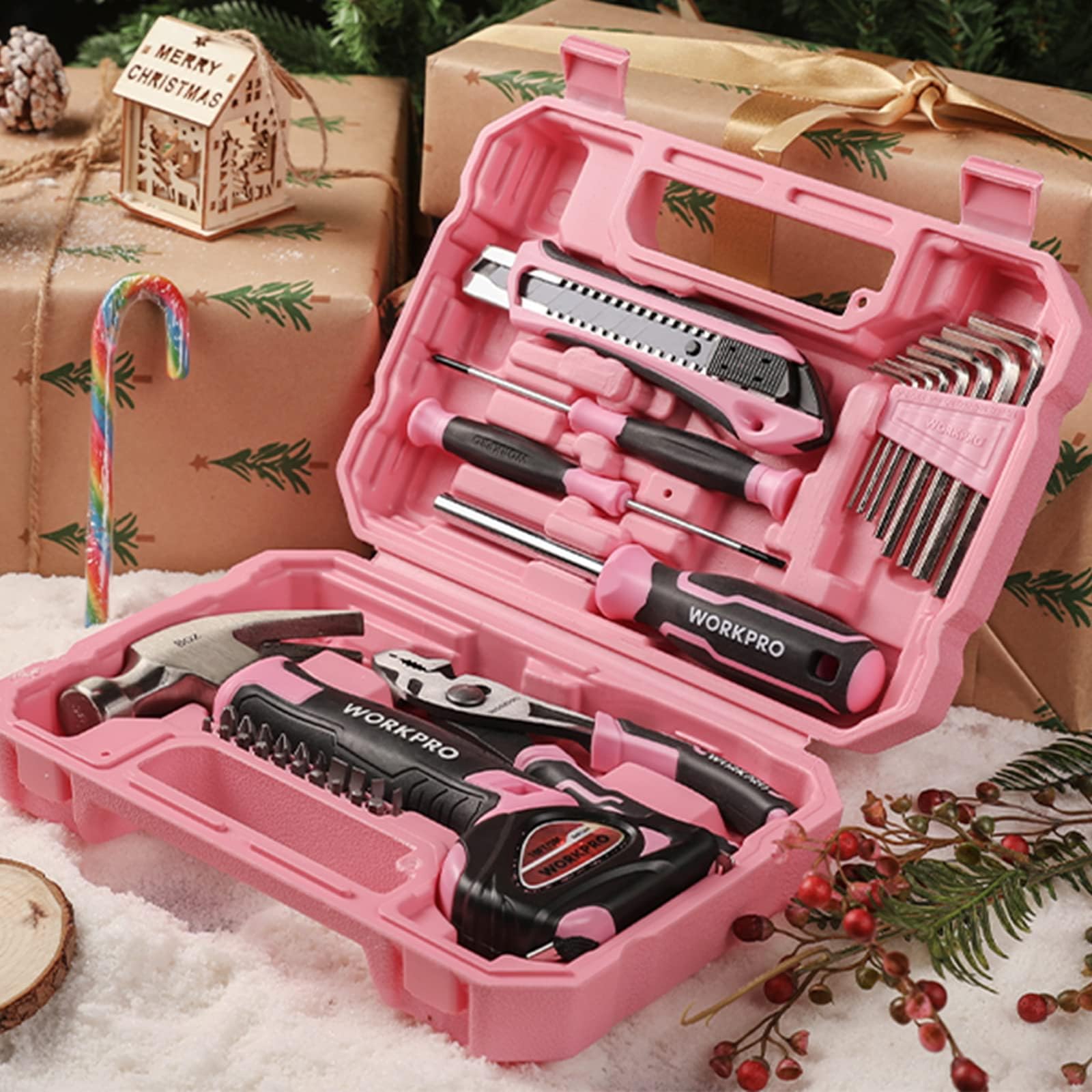 WORKPRO pink toolbox open showcasing essential tools for quick furniture assembly