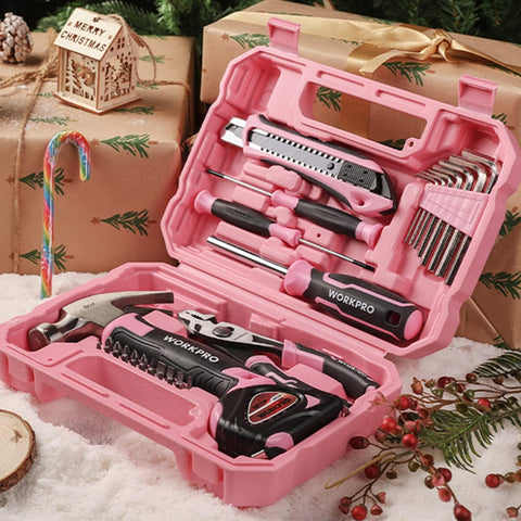 WORKPRO pink toolbox open showcasing essential tools for quick furniture assembly