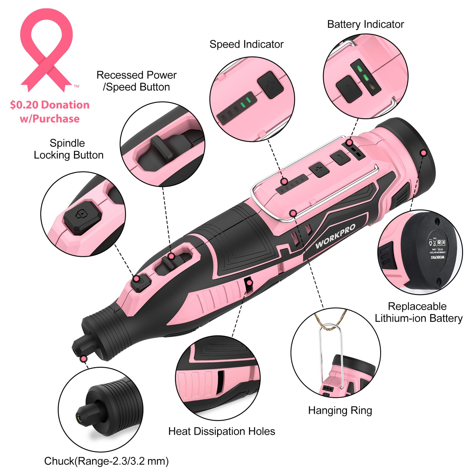WORKPRO Pink universal chuck supports 3/32 and 1/8 inch bits for easy swapping.