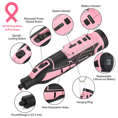 WORKPRO Pink universal chuck supports 3/32 and 1/8 inch bits for easy swapping.