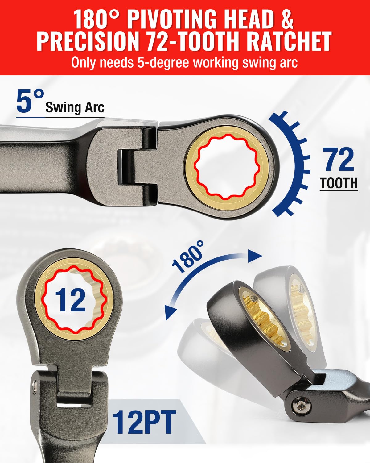 WORKPRO wrench in hand showing 180-degree pivot for hard-to-reach areas.