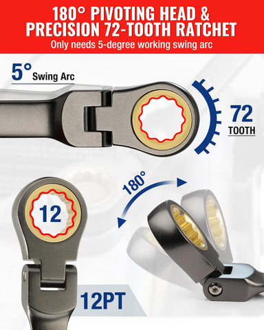 WORKPRO wrench in hand showing 180-degree pivot for hard-to-reach areas.
