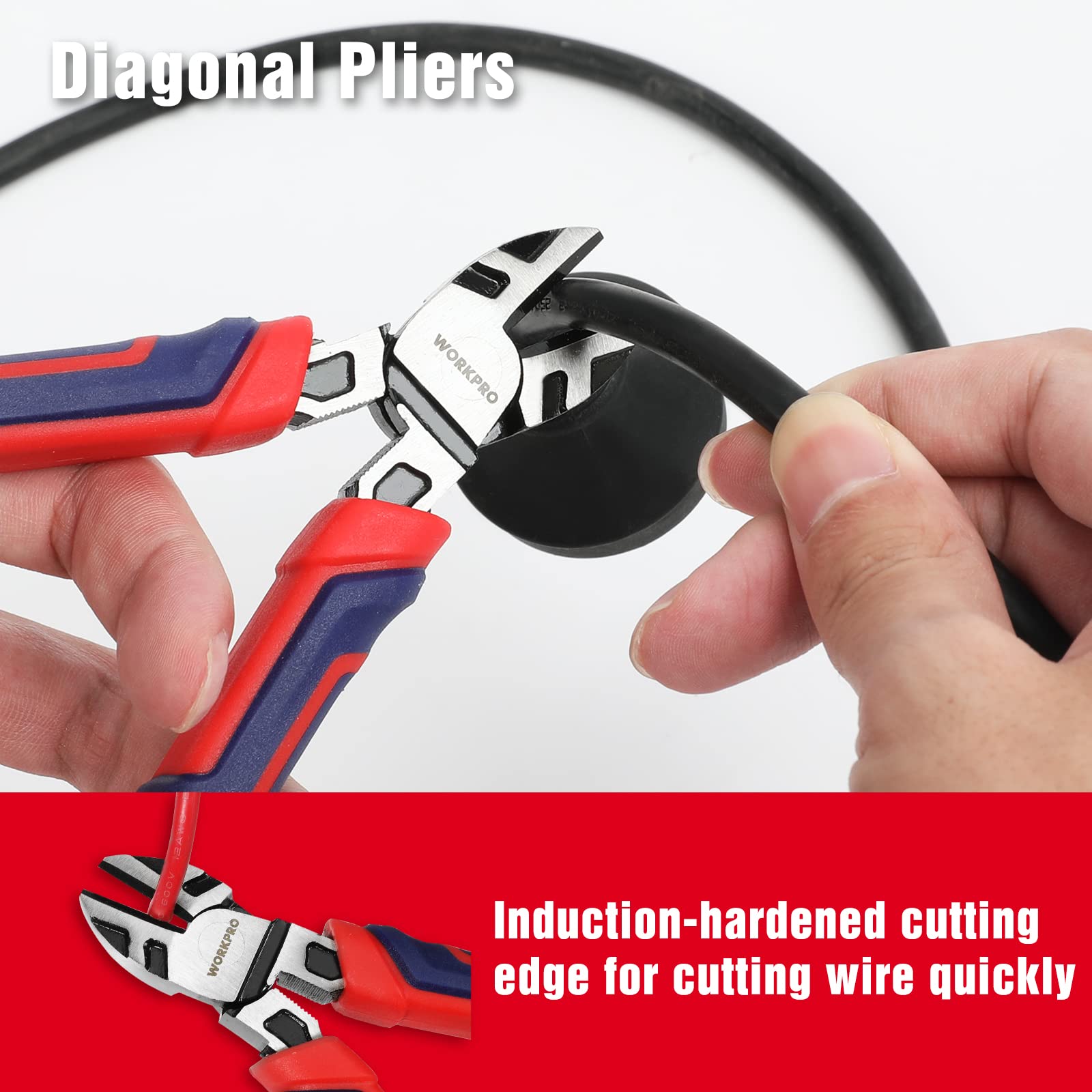 WORKPRO pliers with tri-material handles for ergonomic comfort during use.