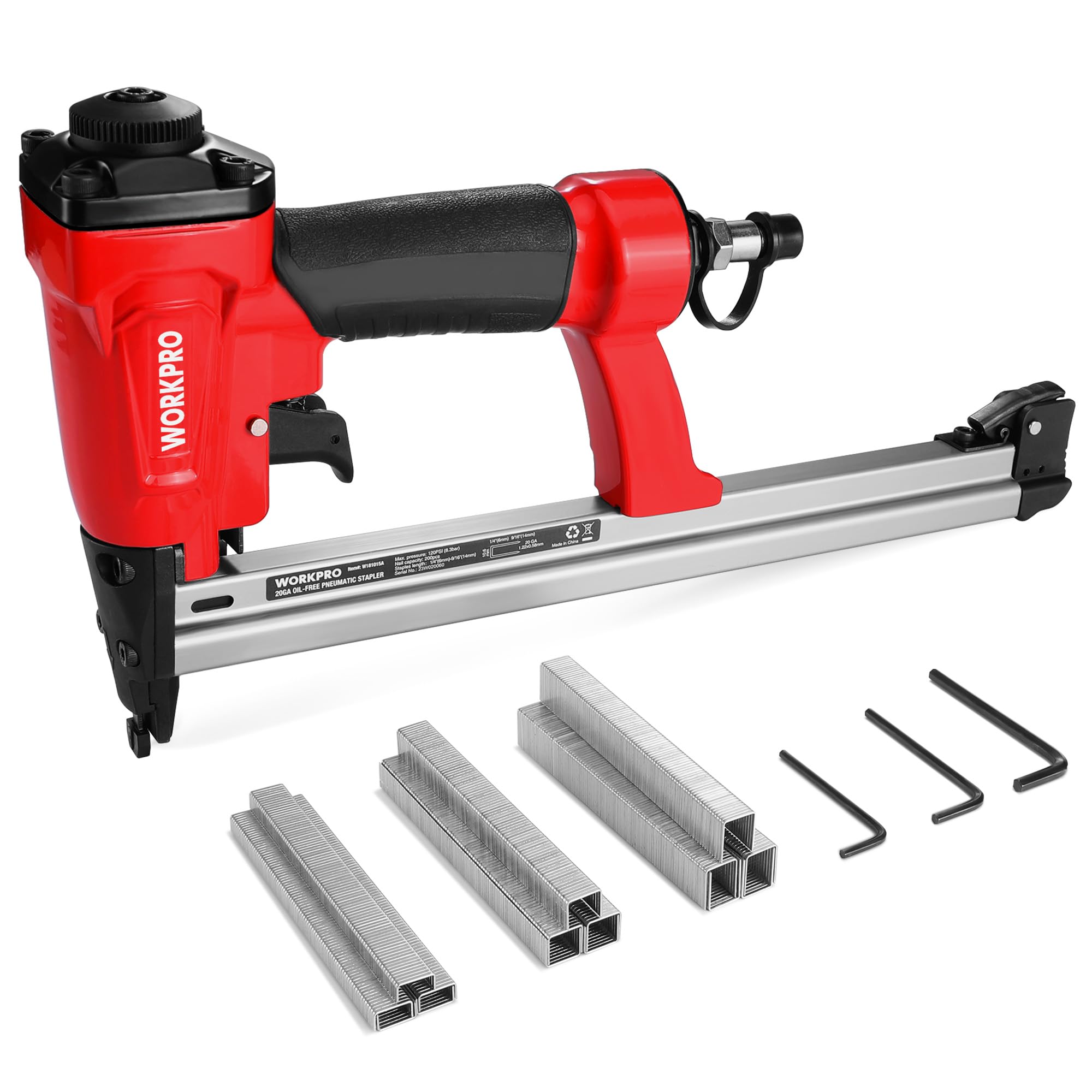 WORKPRO Pneumatic 20 Gauge Staple Gun with extended magazine ready for fast upholstery work