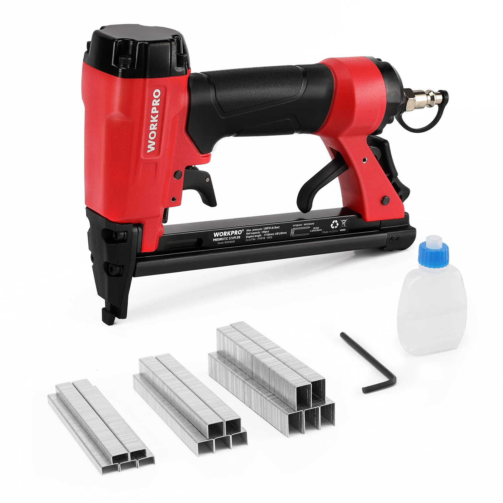 WORKPRO pneumatic 20 gauge staple gun with ergonomic soft-grip handle for comfortable use