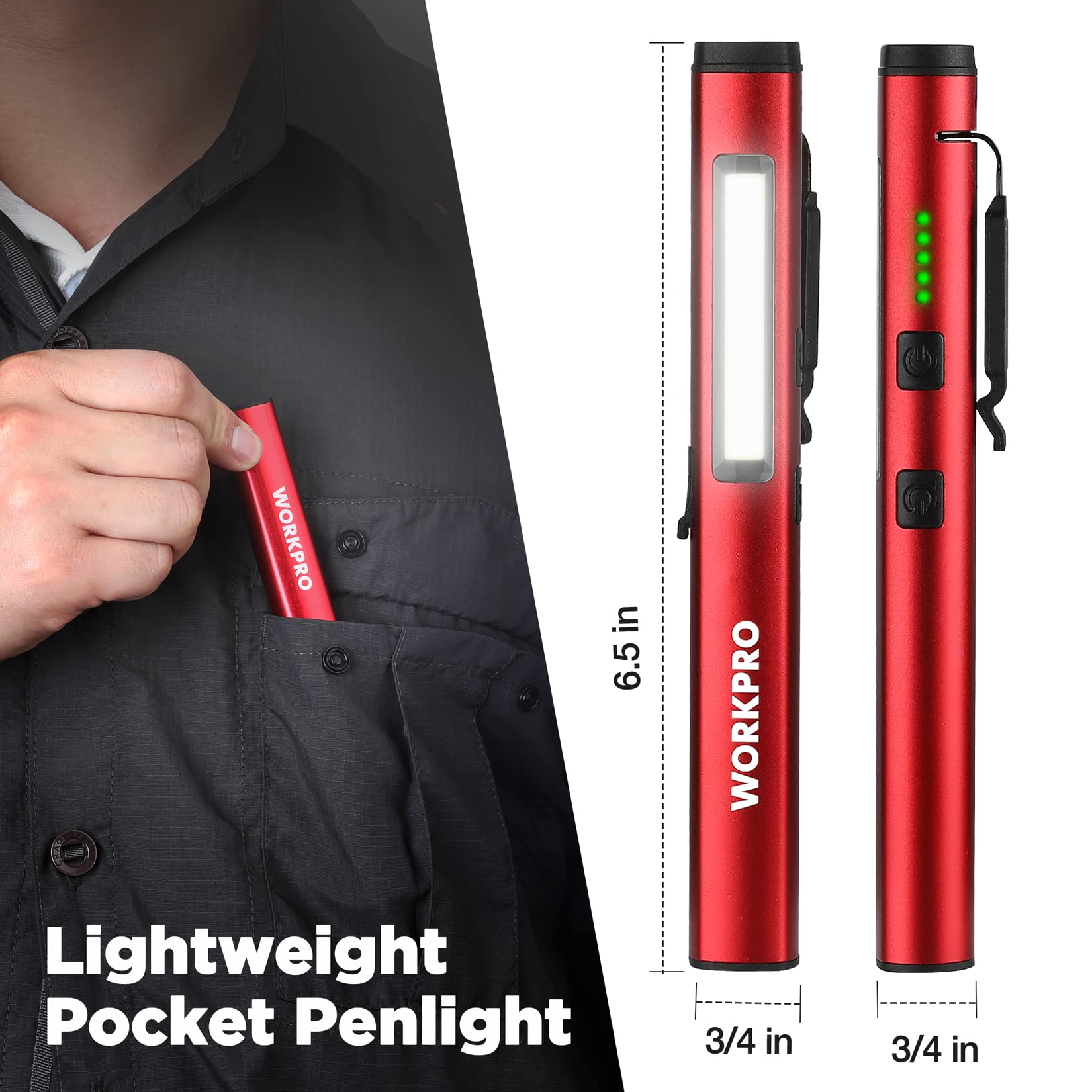 WorkPro pocket-sized aluminum penlight, slim and durable.