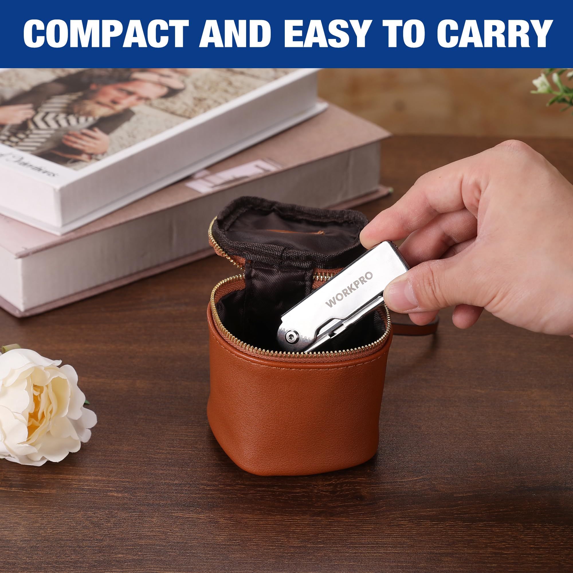 WORKPRO pocket clip folding knife in pocket for quick access.
