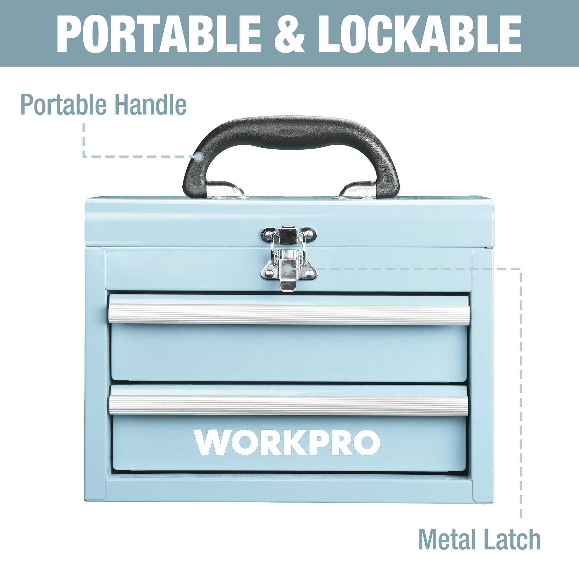 WORKPRO ball bearing slides on the two-drawer tool box ensure easy reach