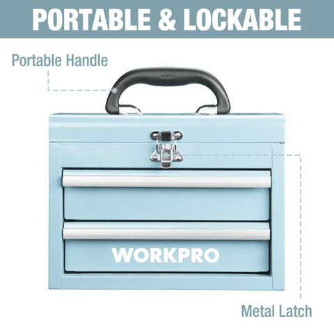 WORKPRO ball bearing slides on the two-drawer tool box ensure easy reach