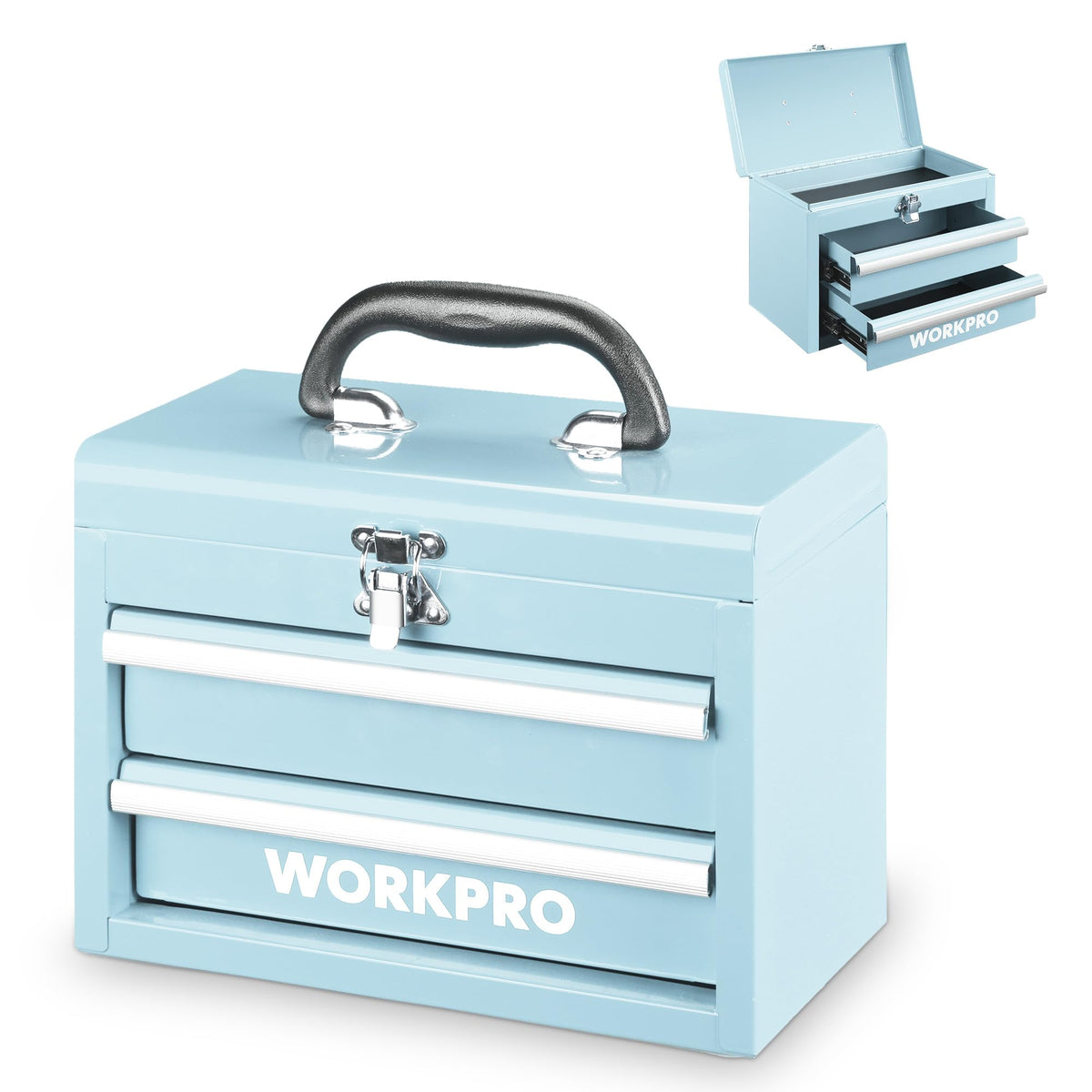 WORKPRO portable mini tool box with top storage for organized DIY projects
