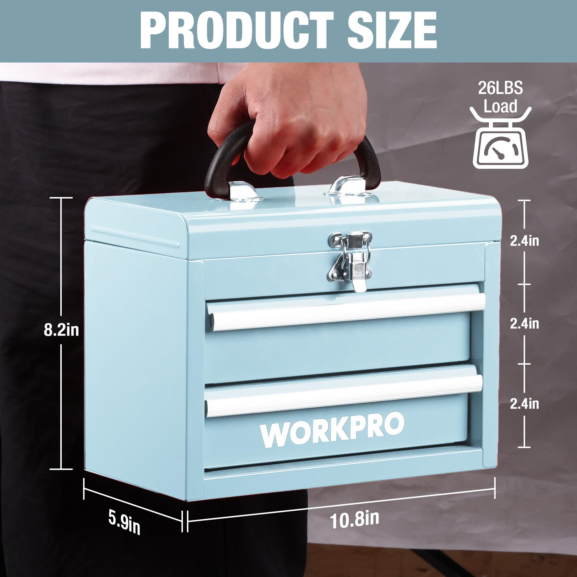WORKPRO two-drawer metal chest with ball bearing slides for smooth access