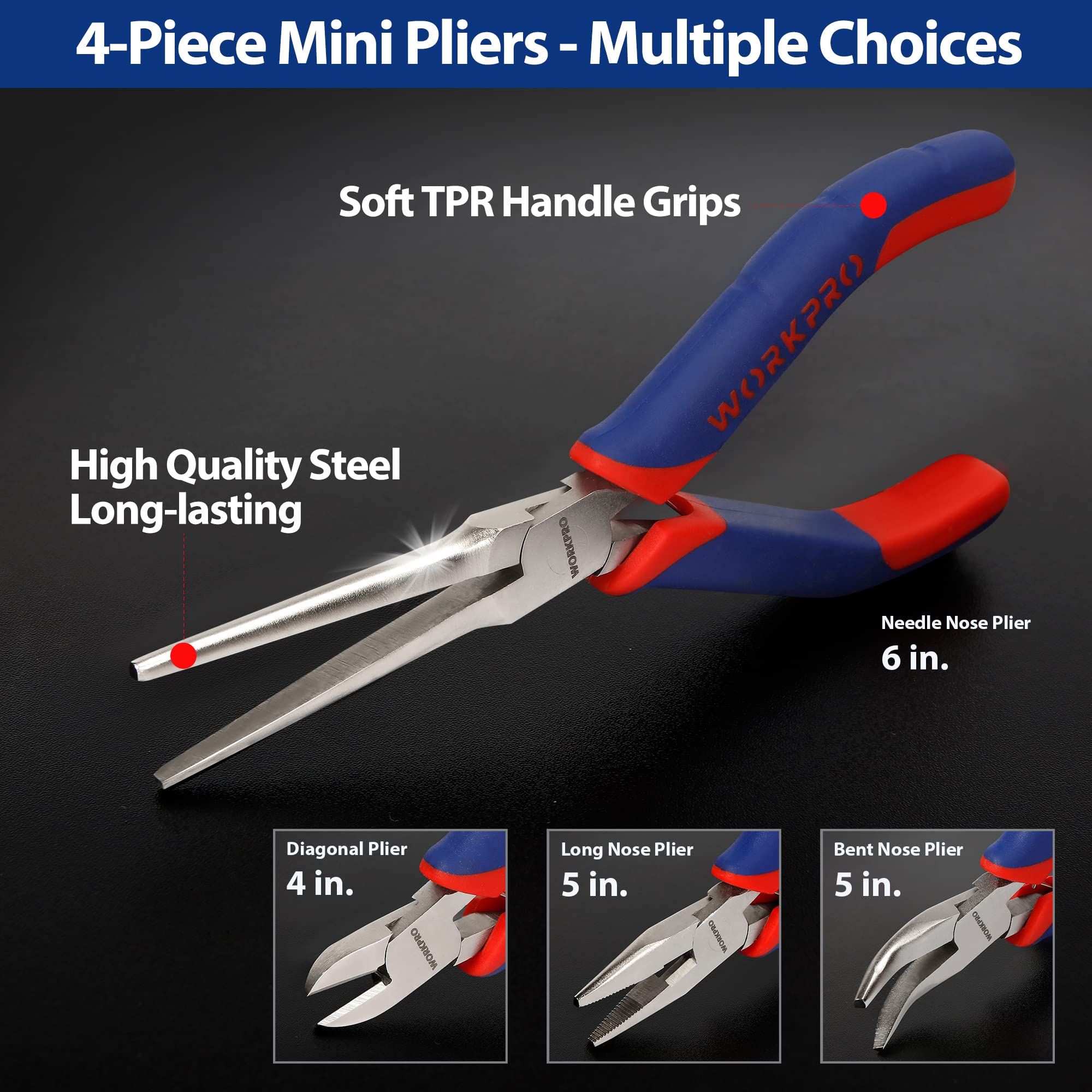 WORKPRO precision pliers set for delicate electronics with rust-resistant steel