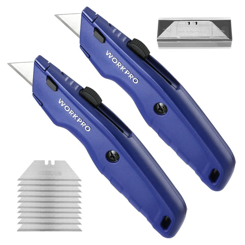 WORKPRO Premium Utility Knife front angle showing rugged aluminum body for durable cutting tasks.