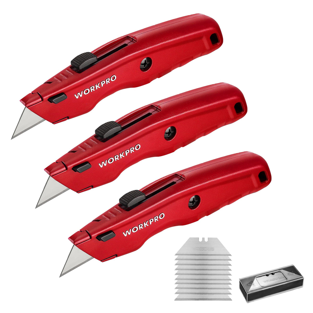 WORKPRO Premium Utility Knife with metal frame for durable, lightweight cutting on boxes