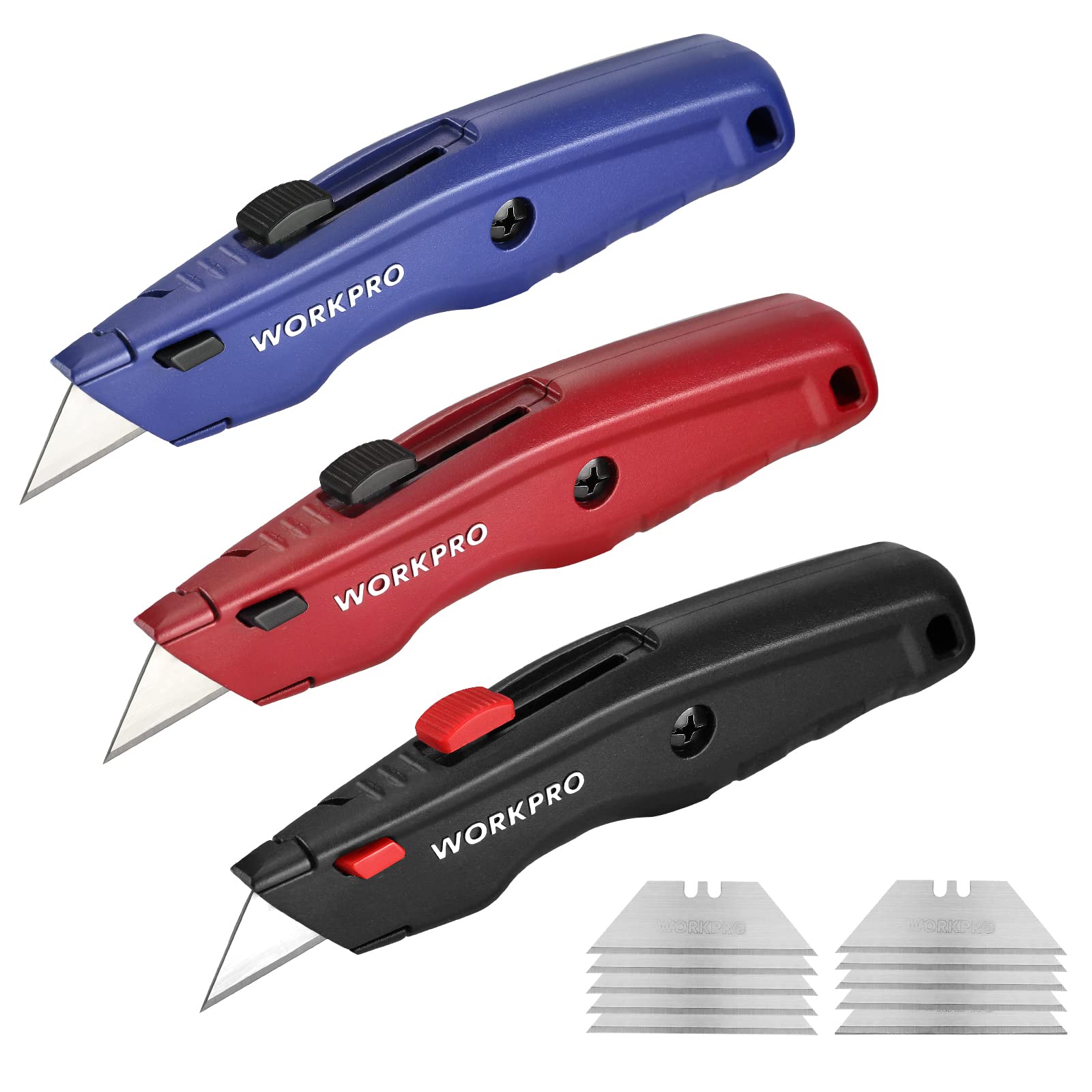 WORKPRO Premium Utility Knife with retractable metal frame for safe, precise cuts on cardboard