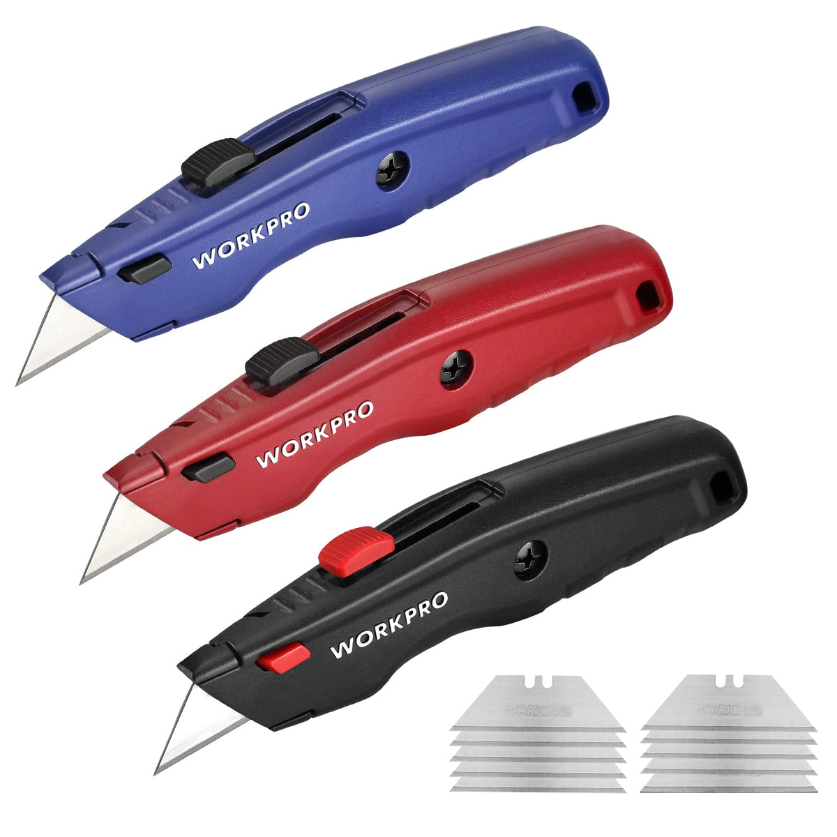 WORKPRO Premium Utility Knife with retractable metal frame for safe, precise cuts on cardboard
