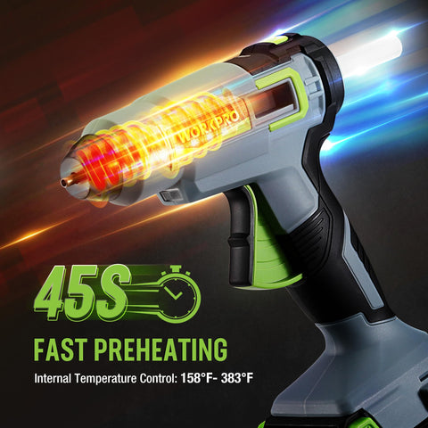 WorkPRO cordless glue gun with PTC preheat heats in seconds