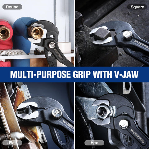 WORKPRO quick-adjust push-button enables fast jaw changes during repairs.