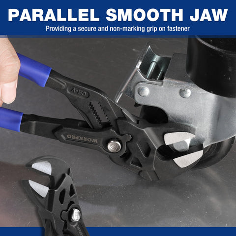 WORKPRO quick-adjustment button speeds jaw width changes up to 2 inches