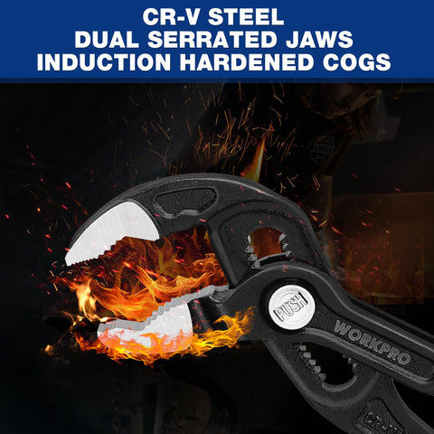 WORKPRO Quick adjustment button saves time with precise jaw opening.