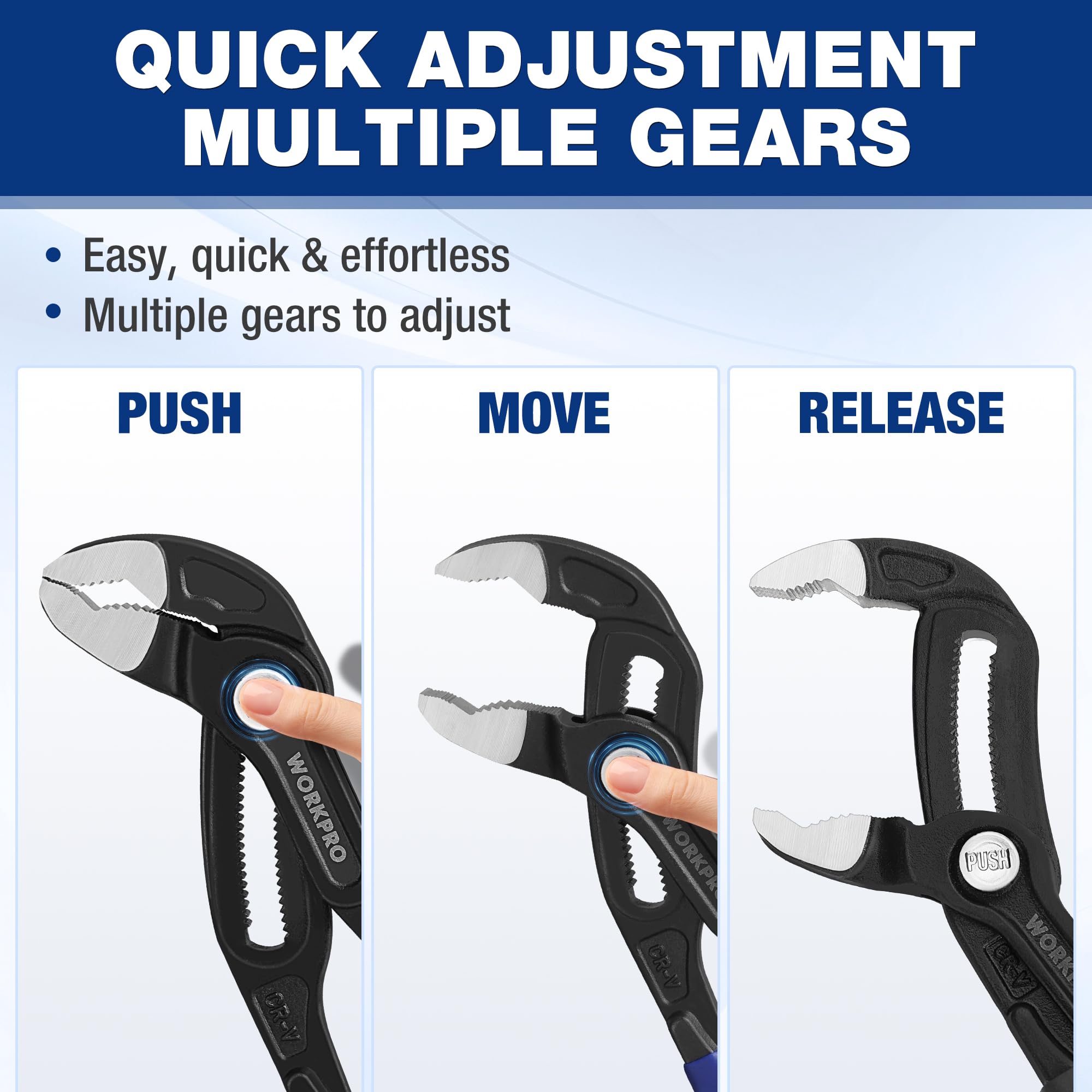 WORKPRO quick adjustment pliers with sliding button for easy jaw sizing