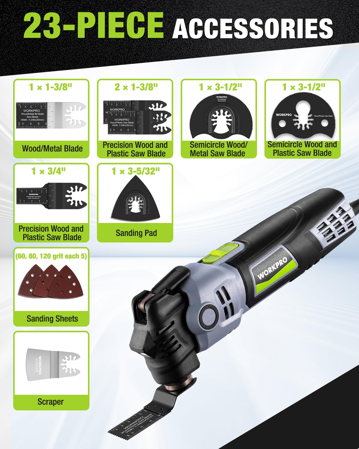 WORKPRO quick blade change feature enables fast tool free accessory swaps.