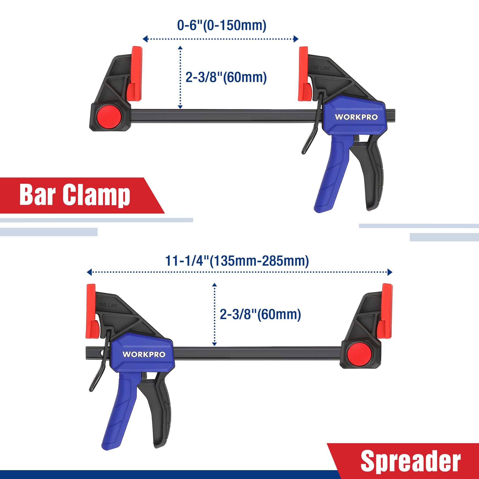 WORKPRO quick-release bar clamps with red button for fast adjustments.