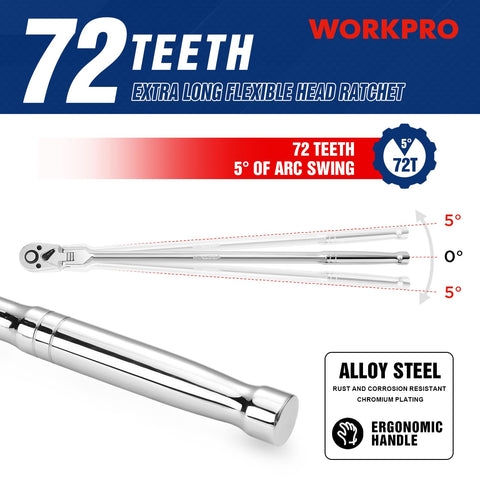 WorkPRO 18-inch reach improves leverage for hard-to-access fasteners.