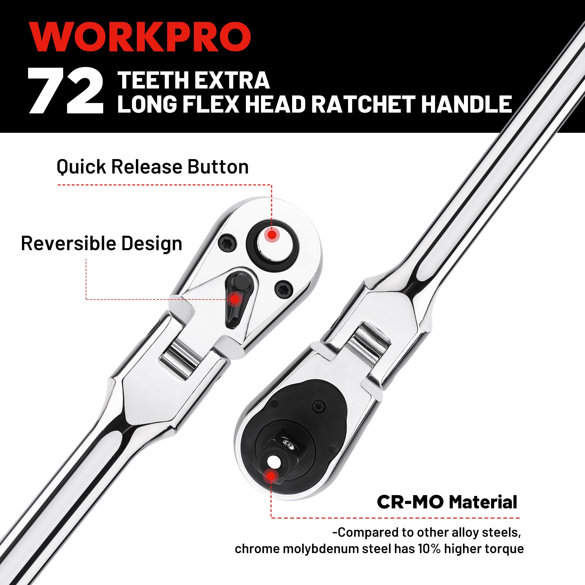 WORKPRO quick-release reversible design enables fast socket changes.