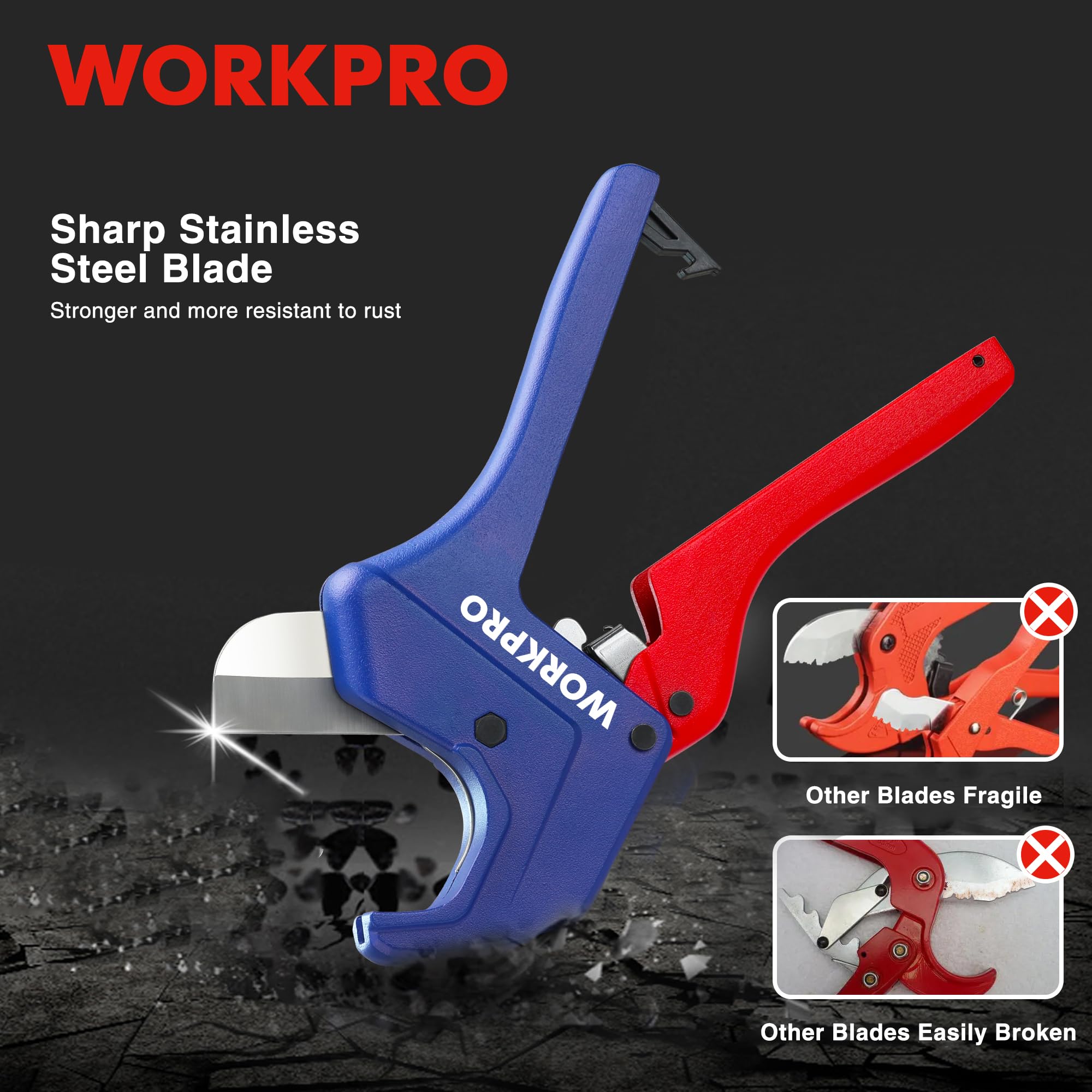 WORKPRO ratchet pipe cutter in use delivering smooth cutting with minimal effort.