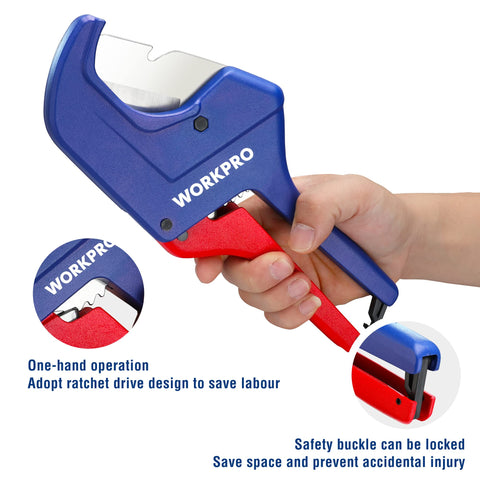 WORKPRO ratchet pipe cutter handle ergonomic for comfortable one-handed use.