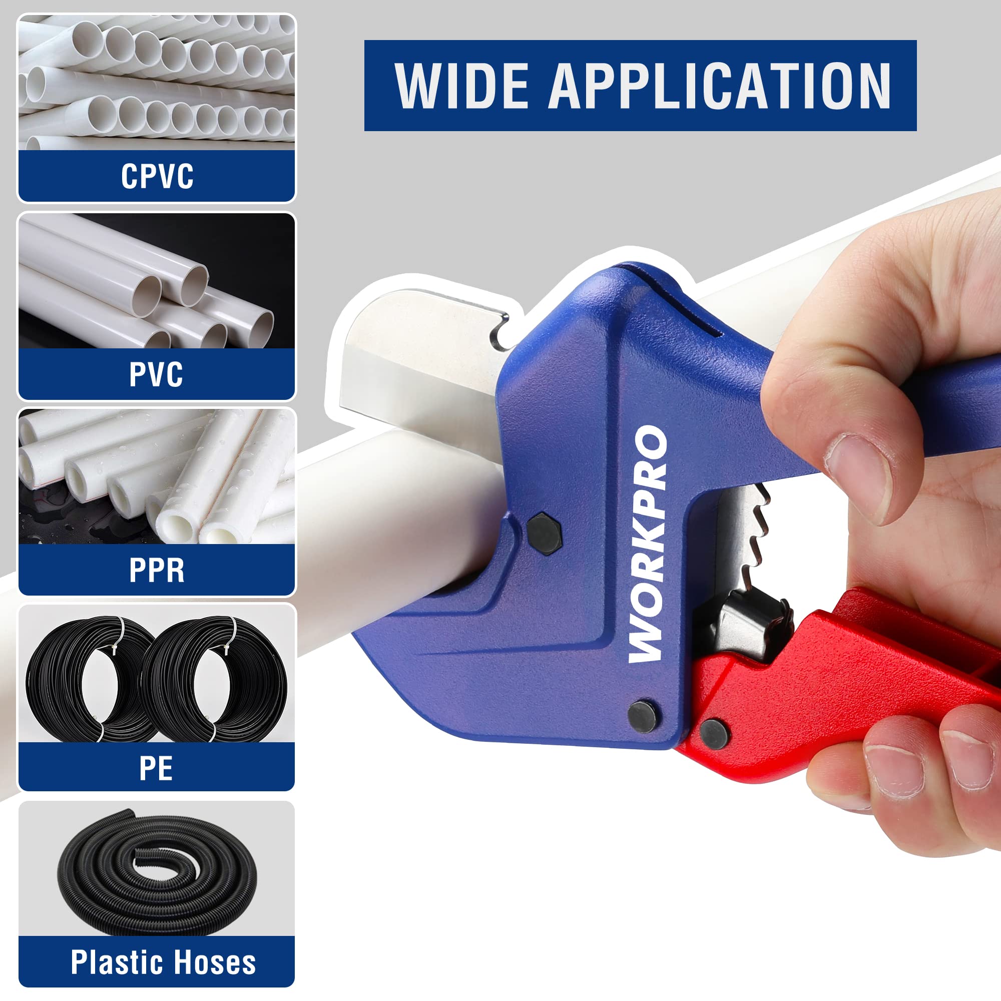 WORKPRO one-handed operation saves time during quick pipe cuts.