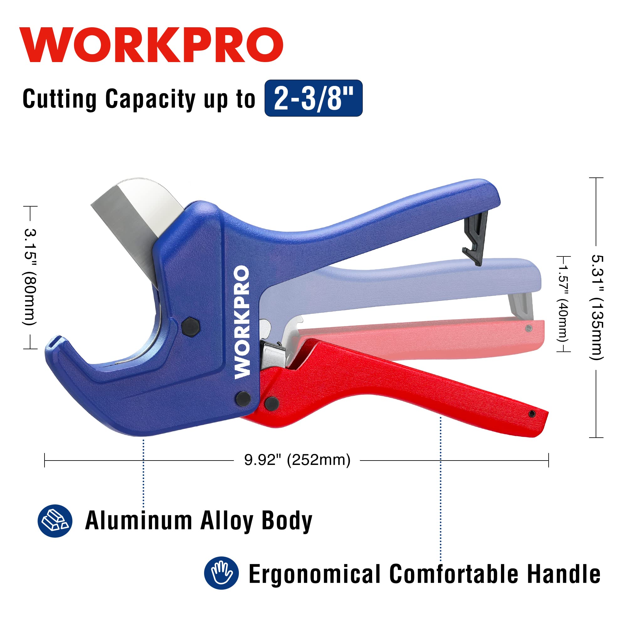 WORKPRO ratchet pipe cutter supports pipes up to 60.5 mm for versatile use.