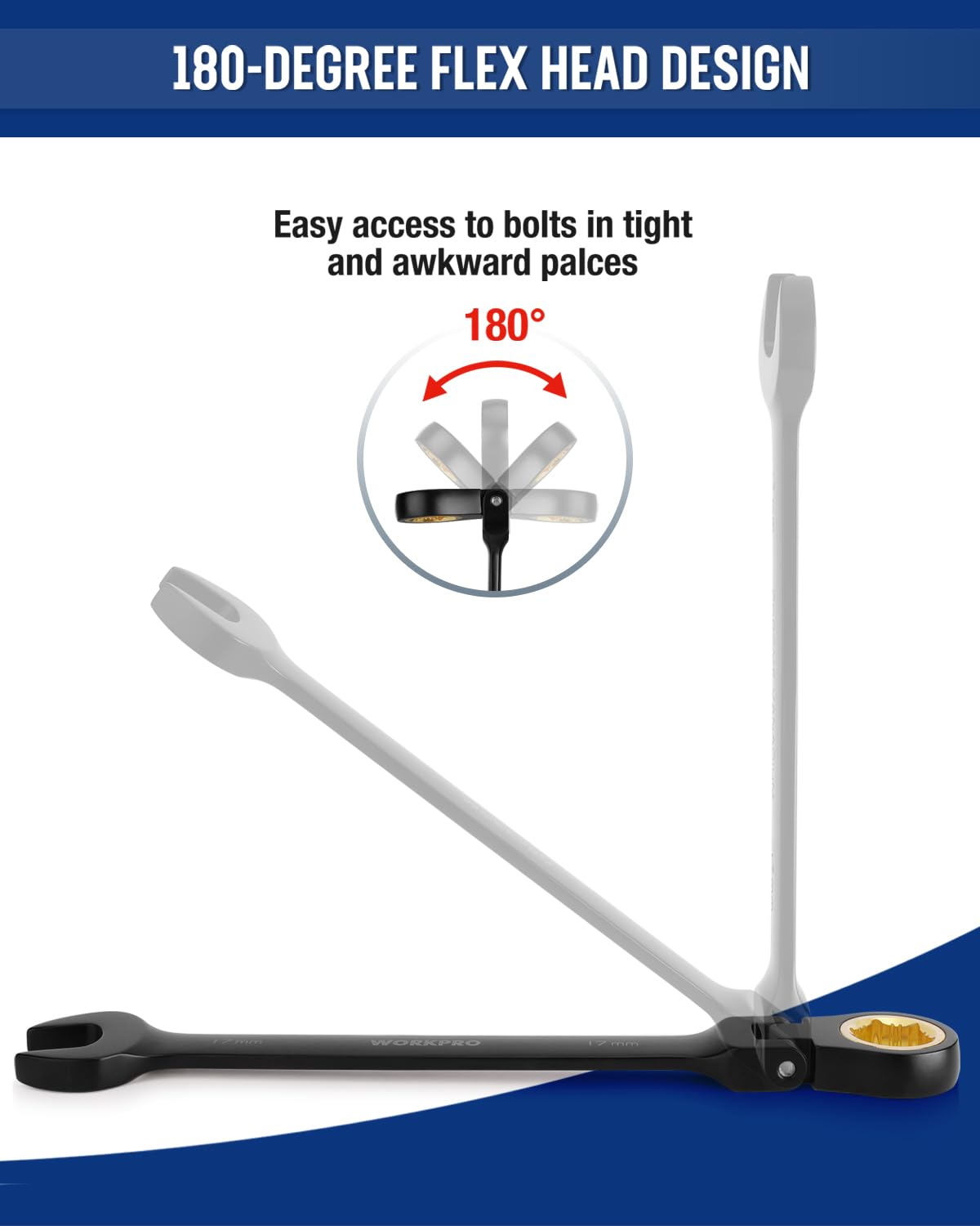 WORKPRO ratcheting wrench set 12mm with flex-head reaches tight spots