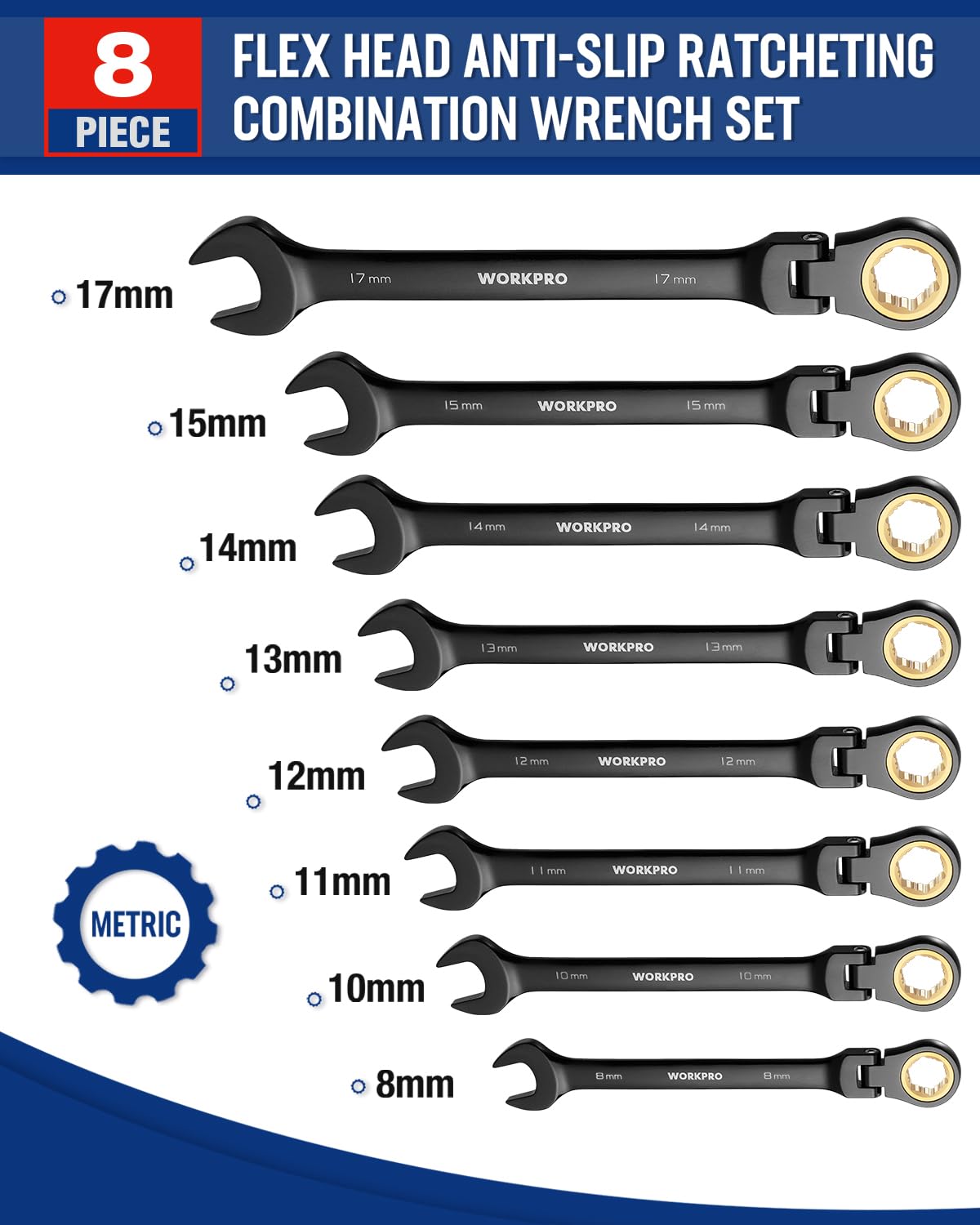 WORKPRO ratcheting wrench set 13mm anti-slip teeth secure fasteners
