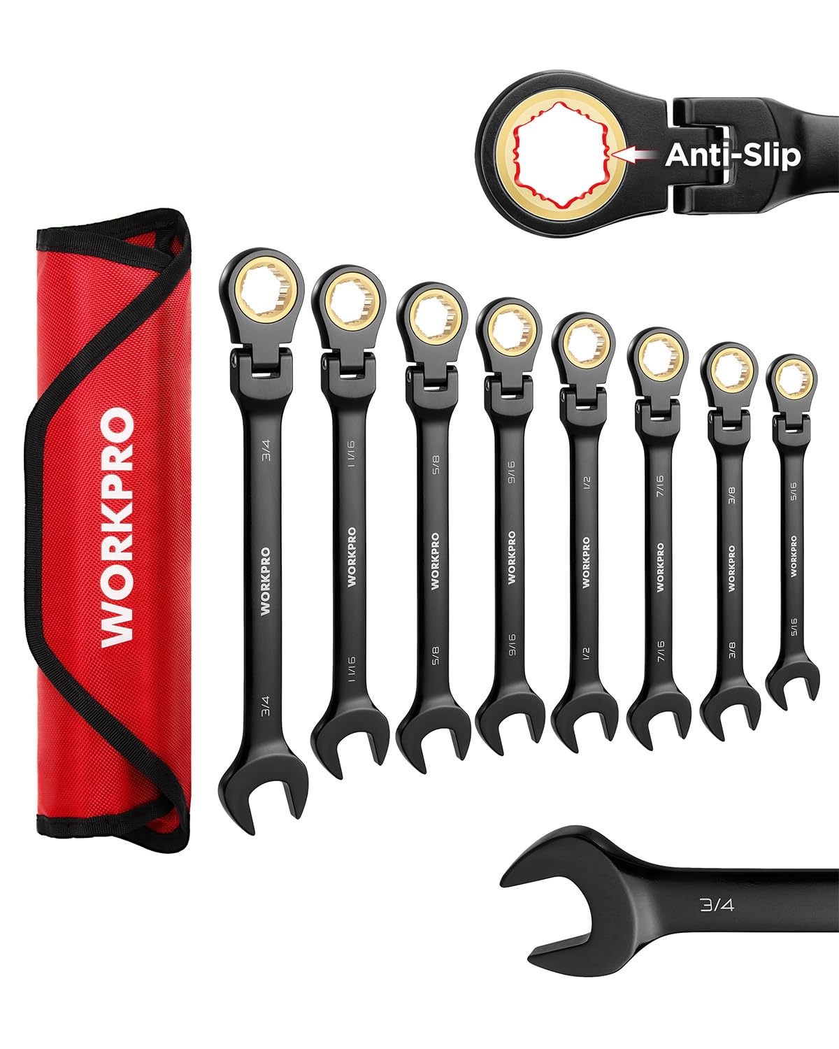 WORKPRO ratcheting wrench set in rolling pouch for organized portability