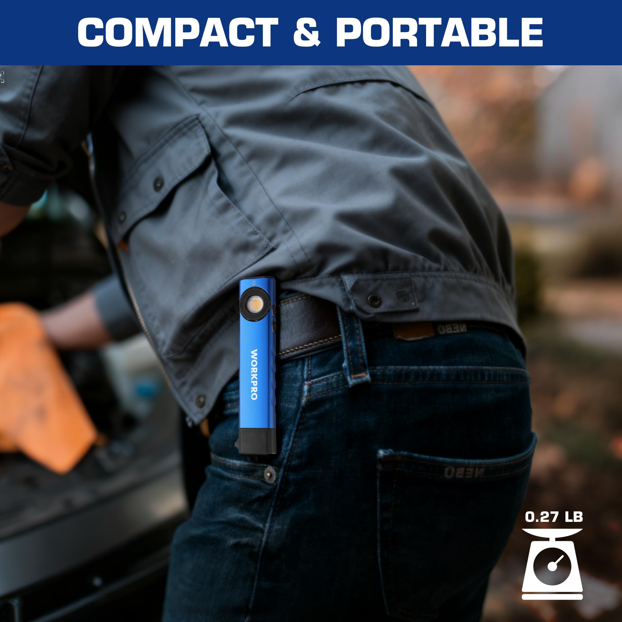 WORKPRO magnetic base allows hands-free attachment to metal surfaces