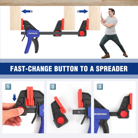 WORKPRO clamps with a red button switch for quick changes between clamping and spreading.