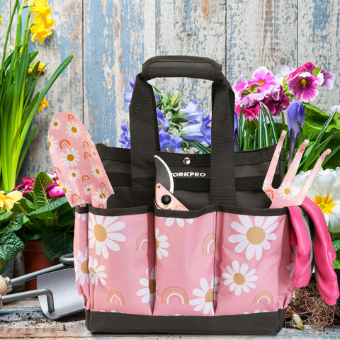 WORKPRO garden tote with reinforced bottom for upright stability during heavy use.