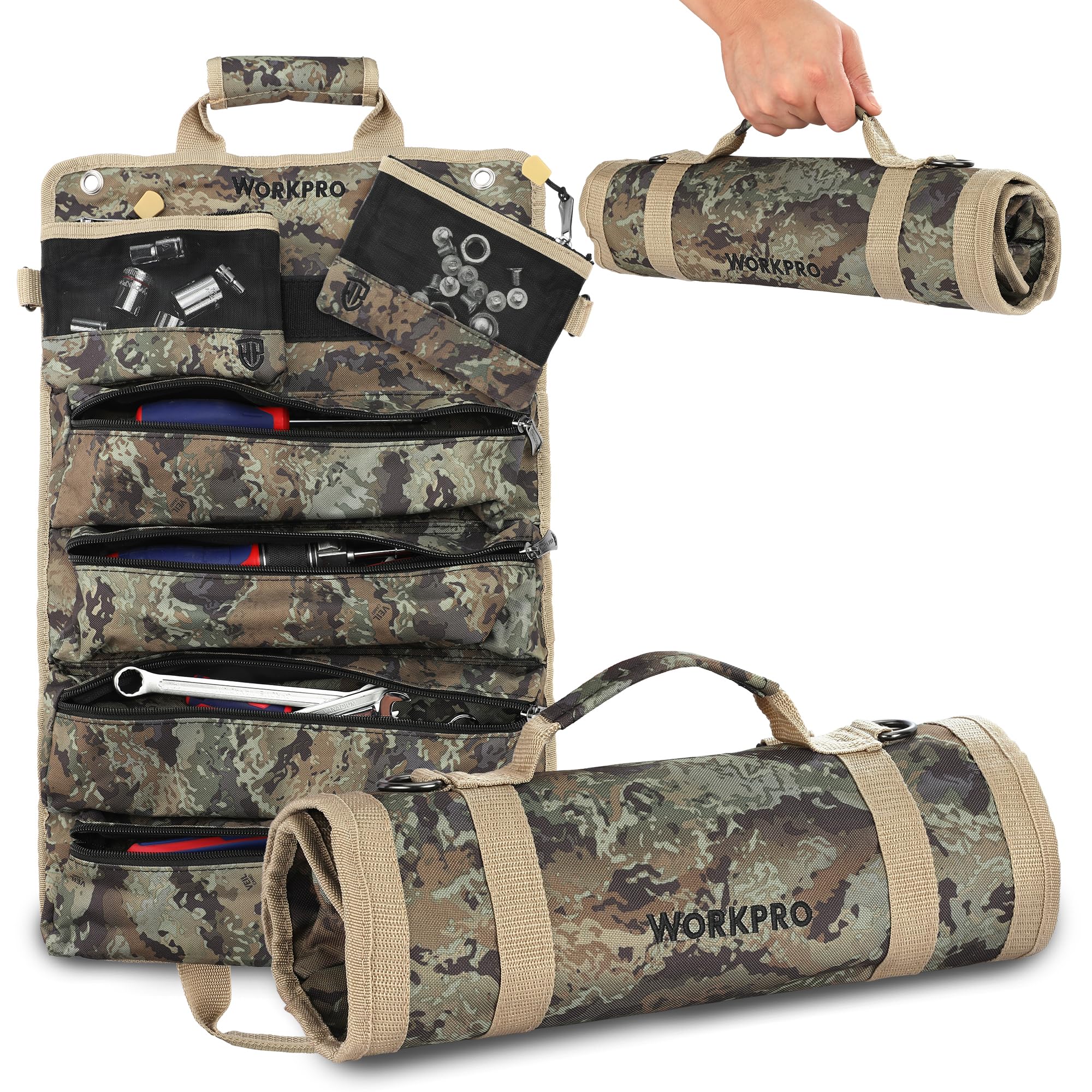 WORKPRO roll tool bag camouflage rolled setup for easy transport