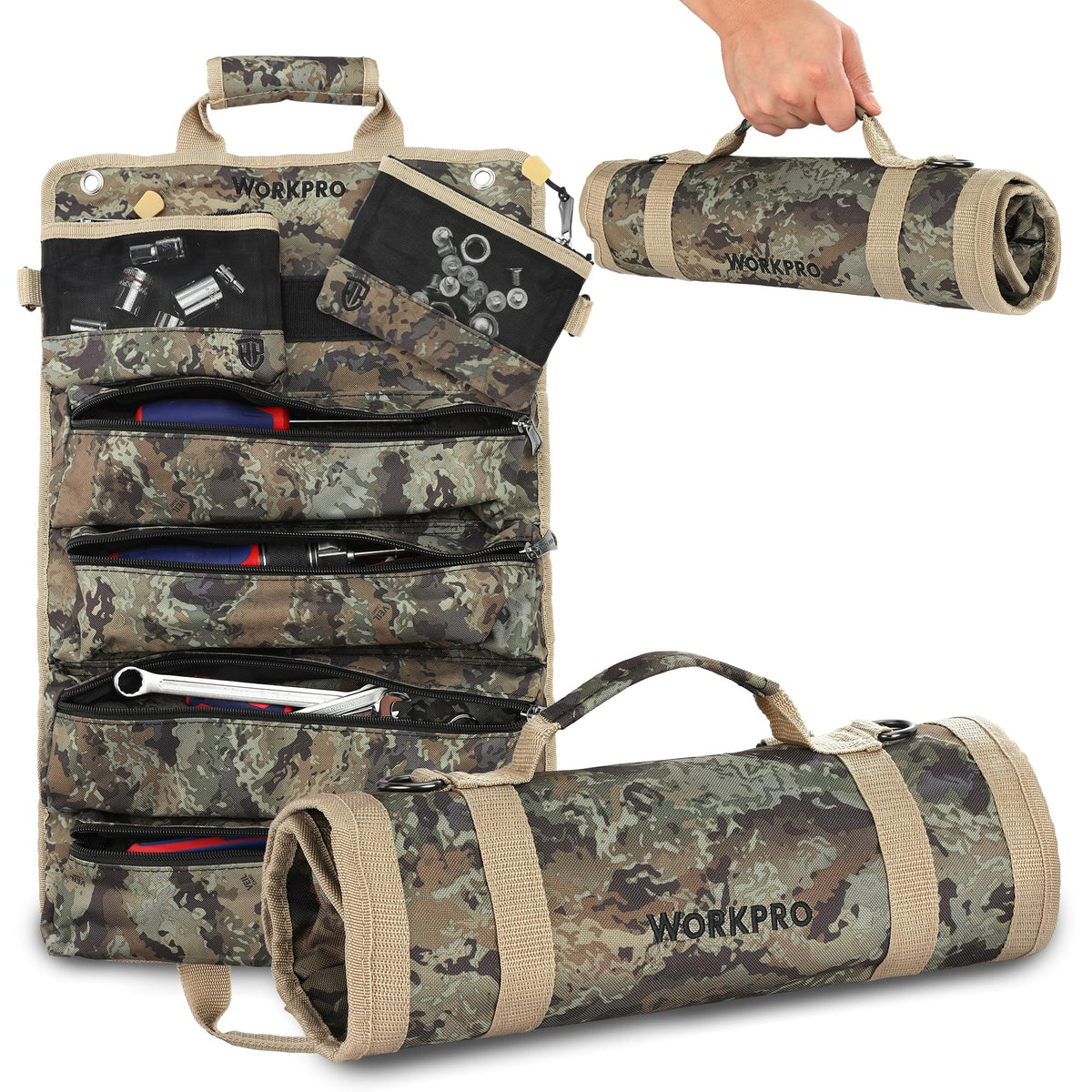 WORKPRO roll tool bag camouflage rolled setup for easy transport