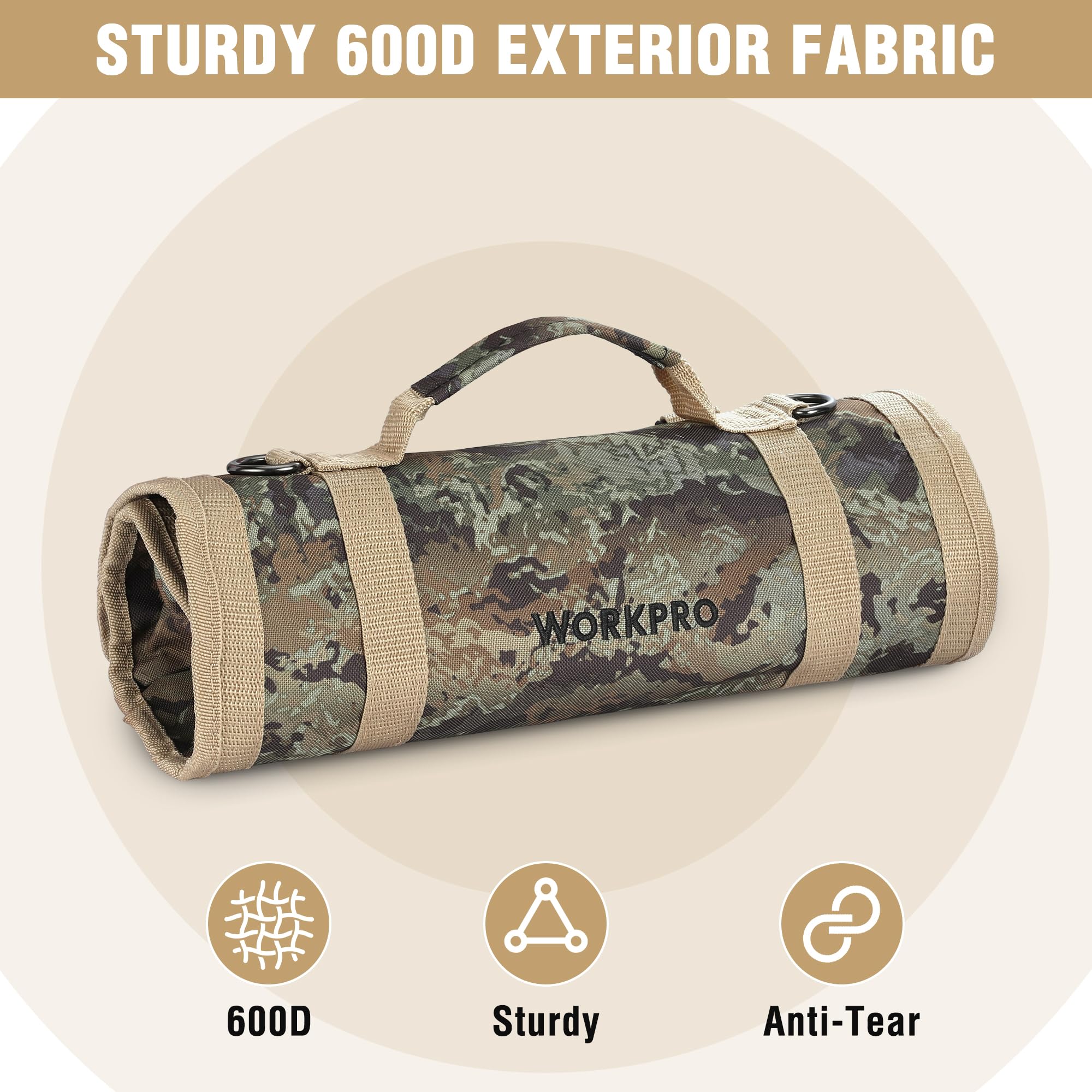 WORKPRO tool bag handles and roll-up design for portability
