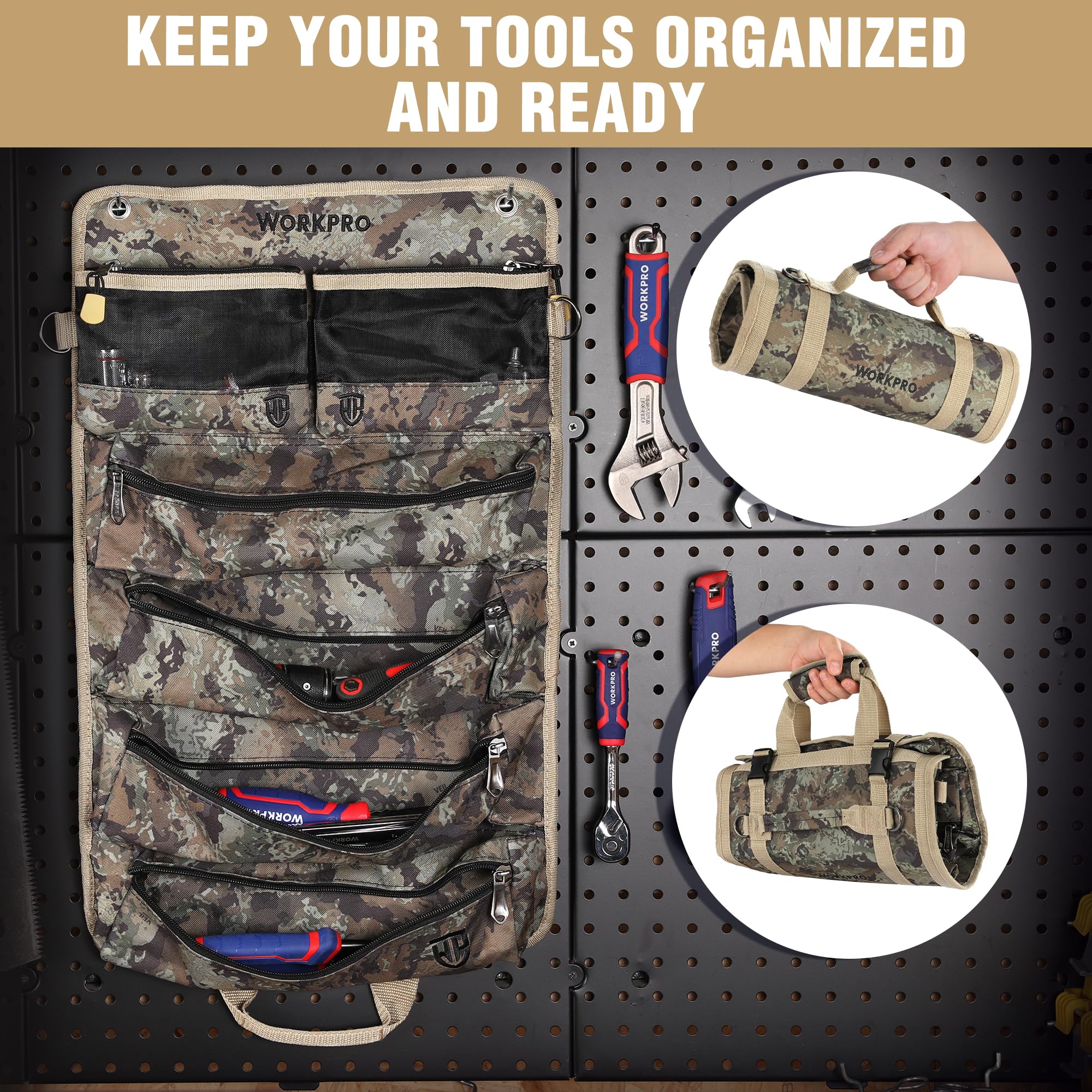 WORKPRO robust zippers and side straps secure tools during transport