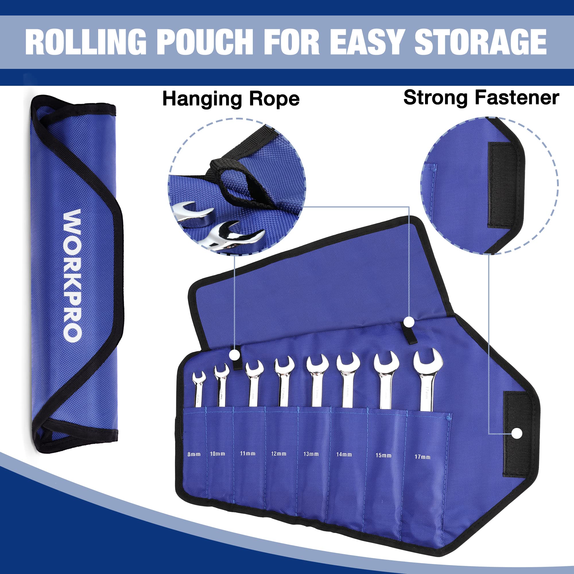 Roll-up pouch keeps WORKPRO wrenches organized and portable.