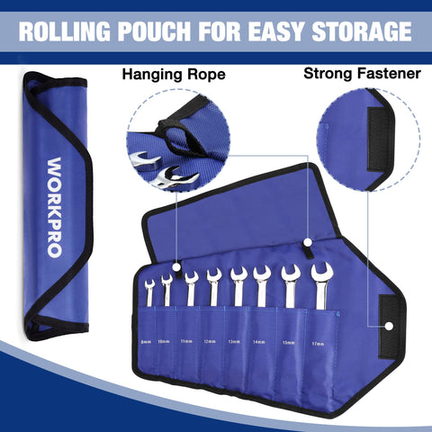 Roll-up pouch keeps WORKPRO wrenches organized and portable.