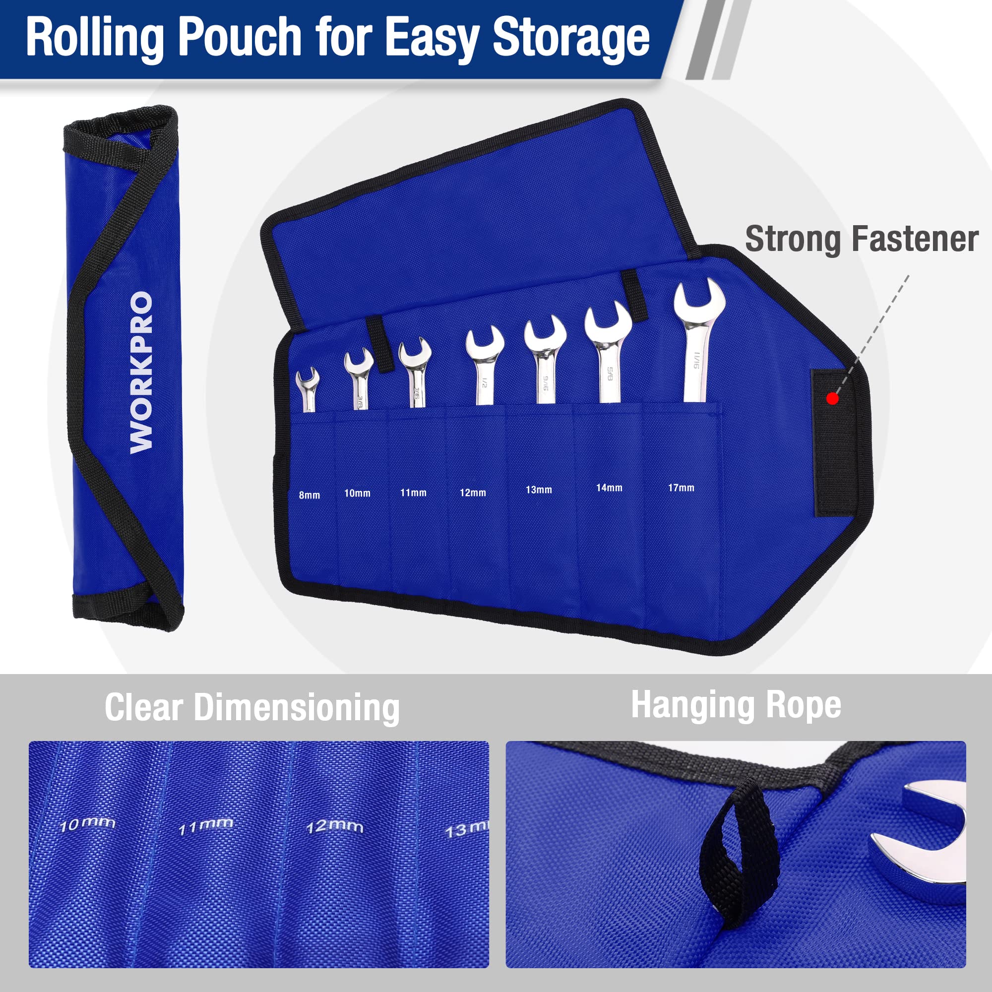 WORKPRO roll-up pouch keeps wrenches organized and portable.